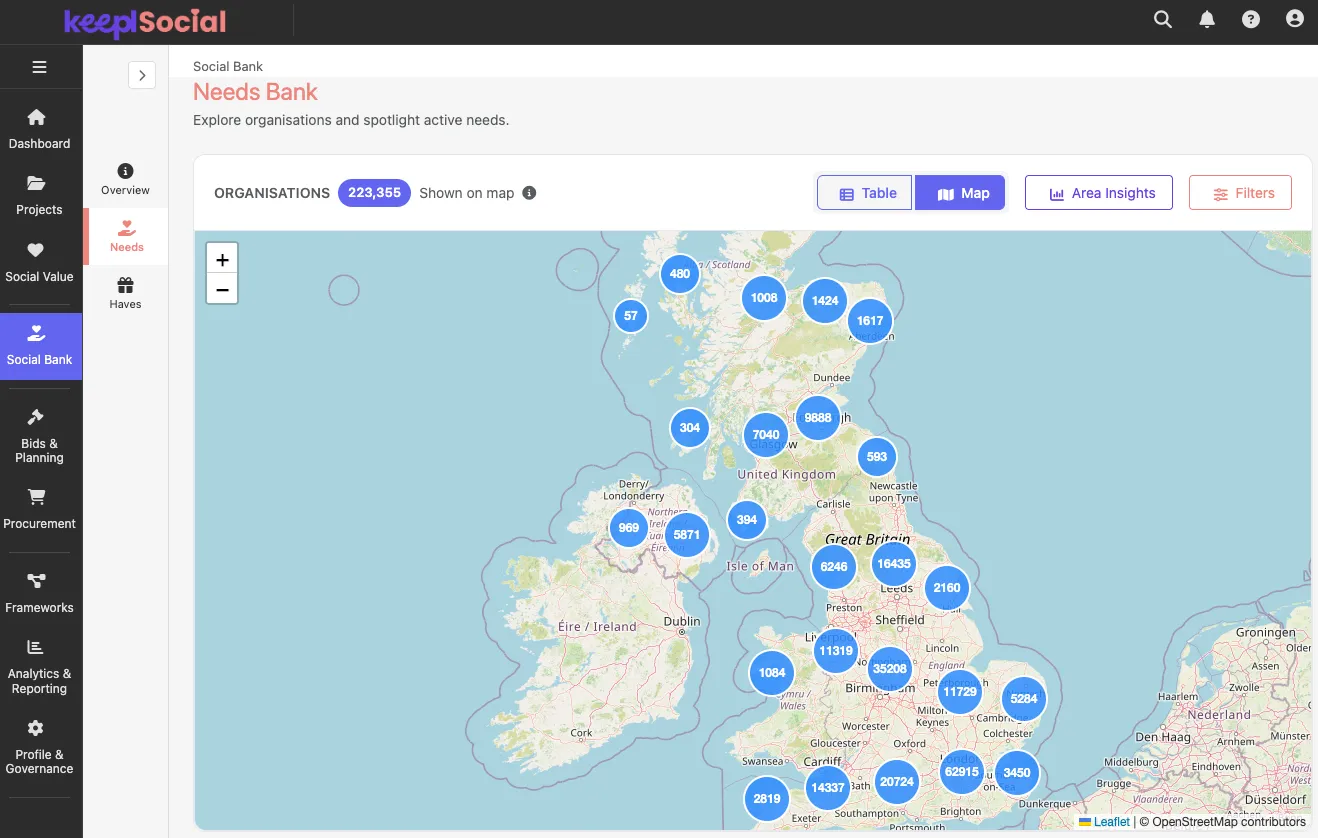 Keepl Social Needs Bank map showing over 223,000 community organisations across the UK
